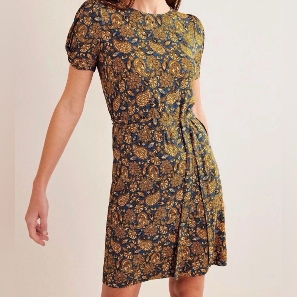 Boden Knot Detail Jersey Mini Dress Women's Harvest Gold Paisley Floral Size 8